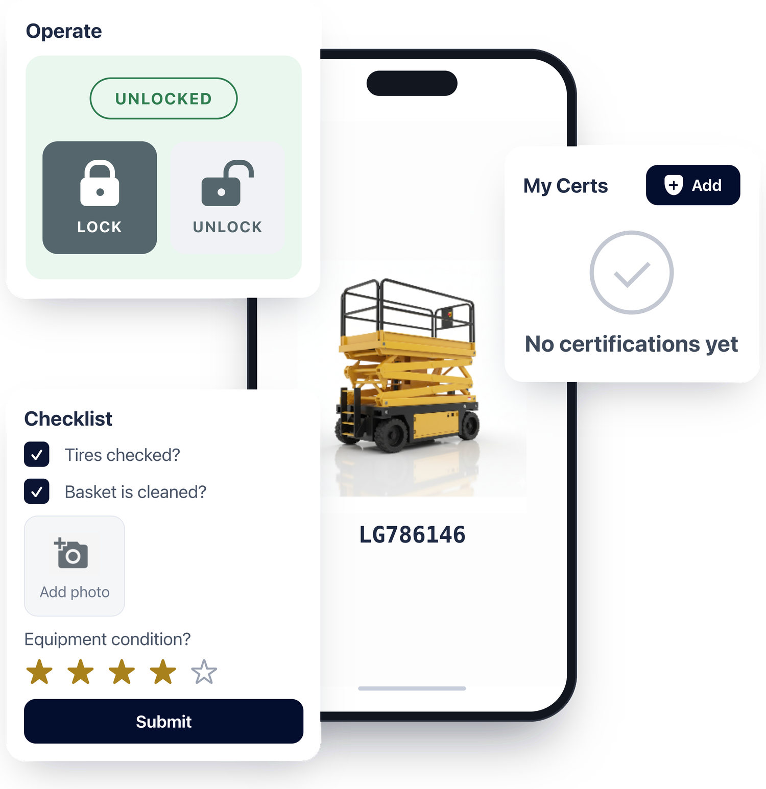 Conaxity app: lock and unlock controls, equipment checklist and operator certificates